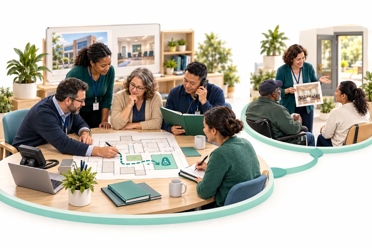 Five colleagues review a building plan around a table. A smaller connected scene shows a colleague displaying a picture of a building to two seated people.