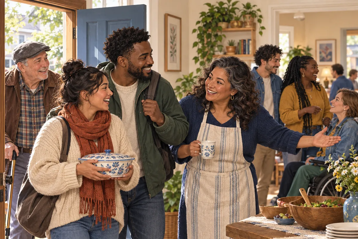 Illustration of a host welcoming arriving neighbors into a community gathering.