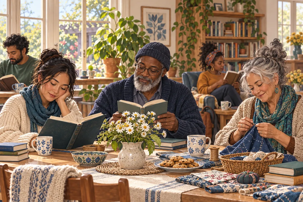 Illustration of adults quietly reading and sewing beside one another in a community room.