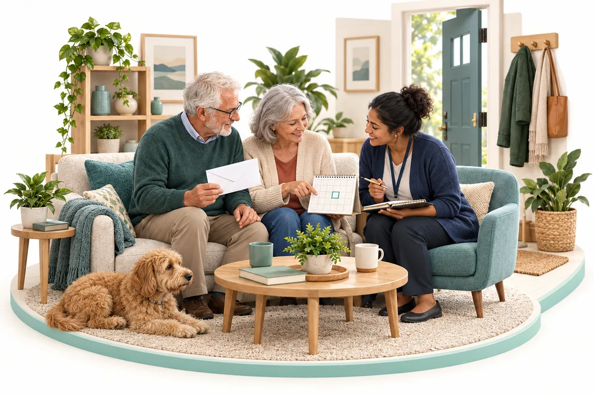 Three adults sit on a sofa with an envelope, calendar, and notebook; the woman in the middle points to a calendar square.