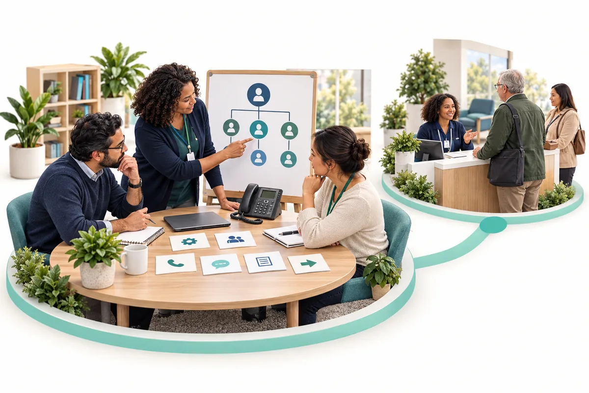 Three colleagues review cards and a diagram of contacts beside a closed laptop and telephone. A smaller connected scene shows two visitors speaking with a receptionist.