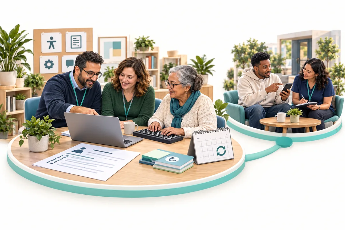 Three colleagues review a laptop, separate keyboard, form, and calendar. A smaller connected scene shows a person pointing to a phone while another takes notes.