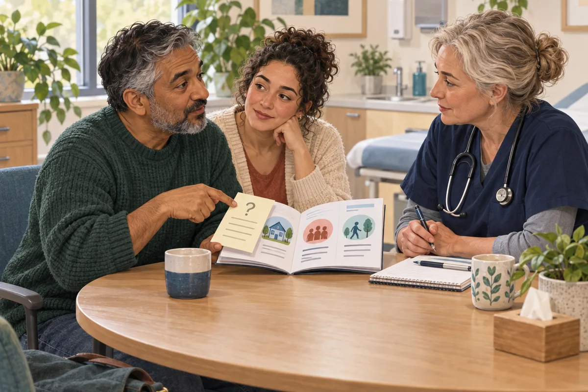 An adult points to a question card on an illustrated booklet while a supporter and care professional listen.