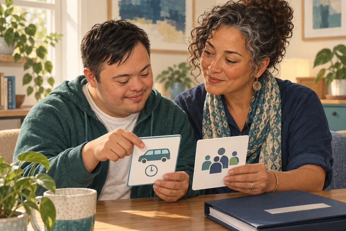A participant and coordinator compare two cards showing a bus and a group of people.