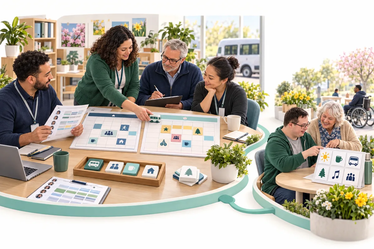 Four colleagues compare illustrated schedules and activity cards around a desk. A smaller connected scene shows two people reviewing a printed schedule outdoors.