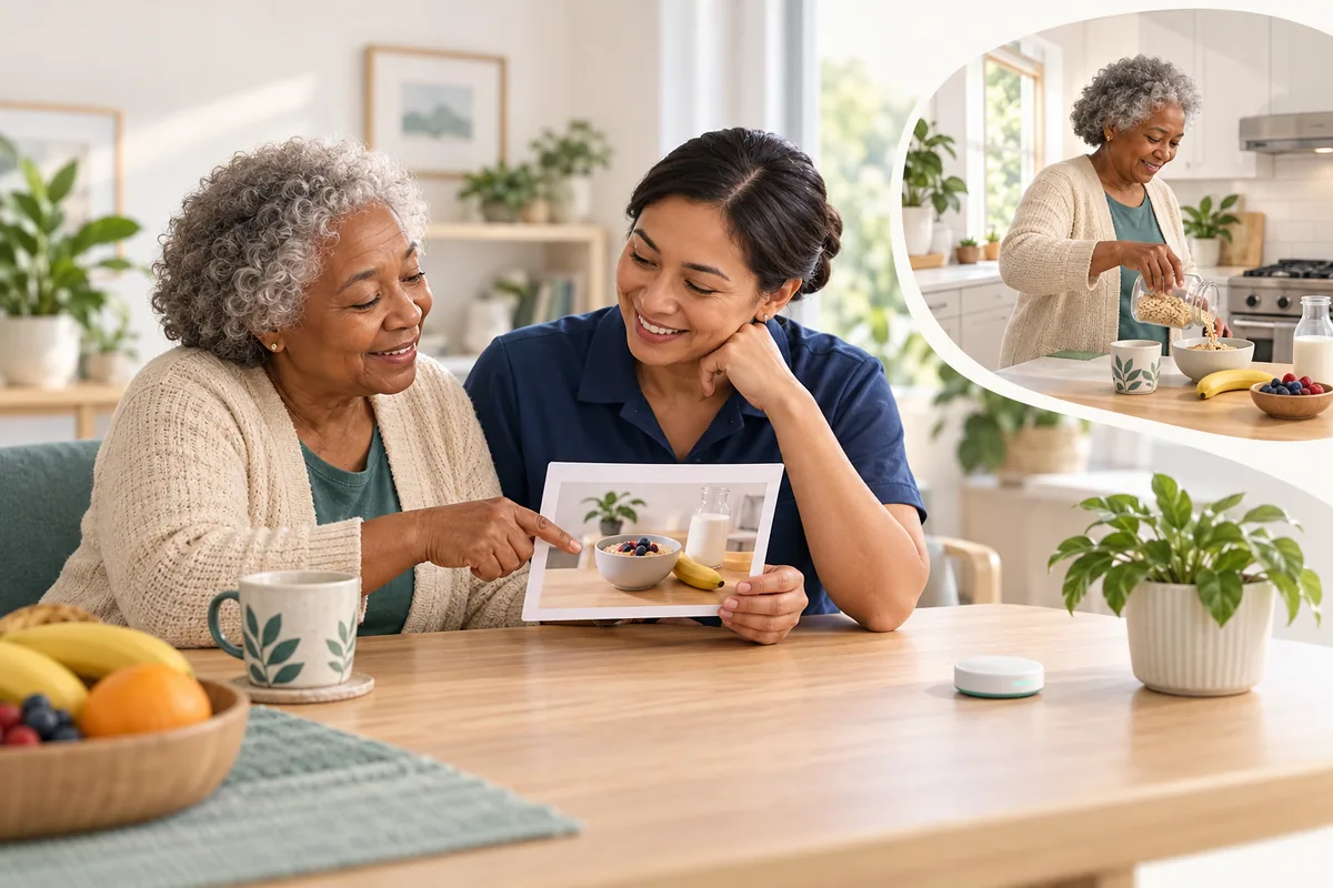 An older woman and a home-support colleague discuss a breakfast picture beside a small sensor; a smaller scene shows her preparing breakfast.