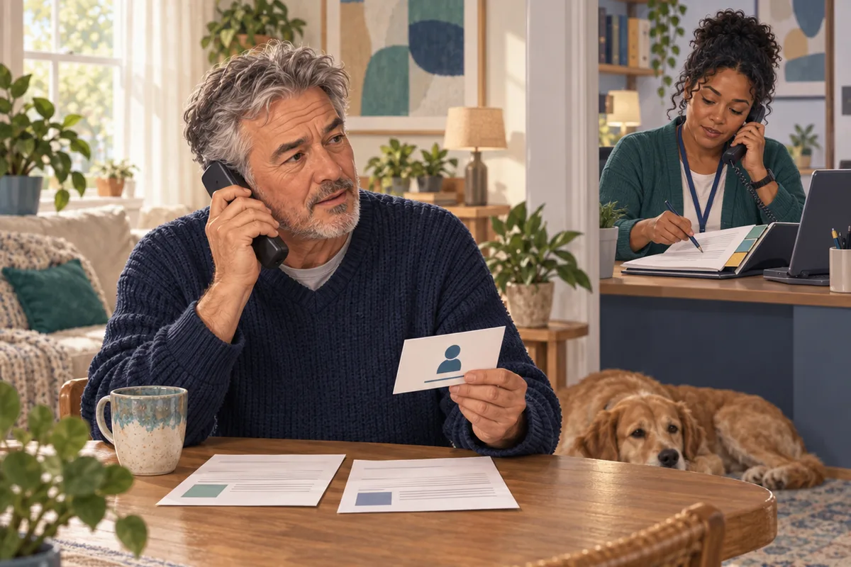 An adult holds a contact card during a phone call; a separate view shows a coordinator listening and taking notes.