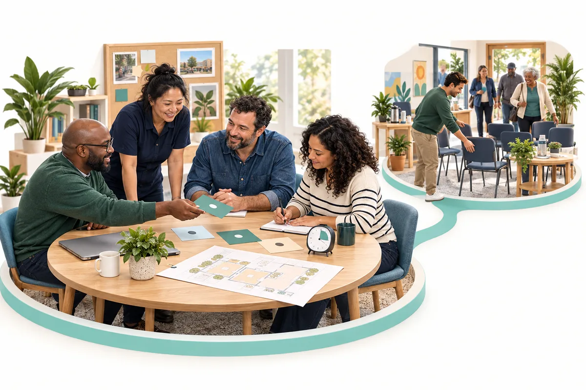 Four colleagues gather around a table with planning cards, a worksheet, and a timer. A smaller connected scene shows a colleague arranging chairs as people arrive.