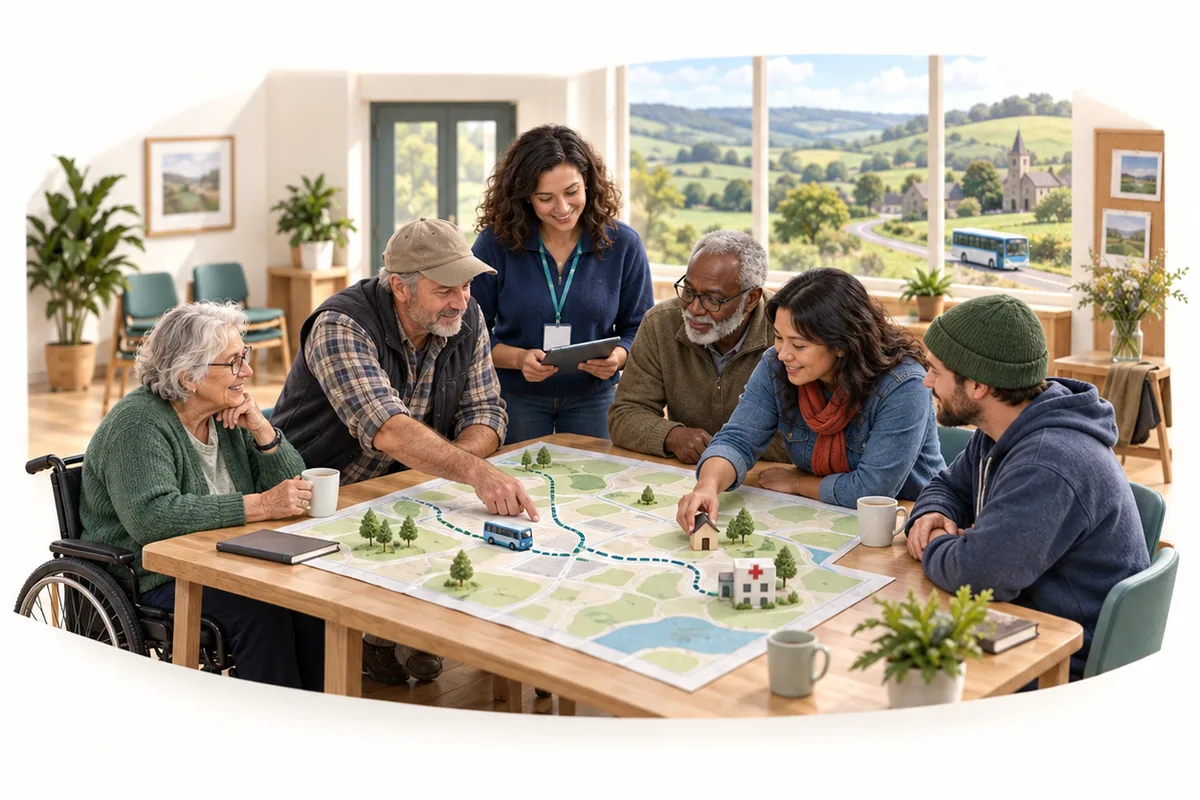 Six adults gather around a tabletop map with miniature buildings and a bus, with countryside visible through the window.