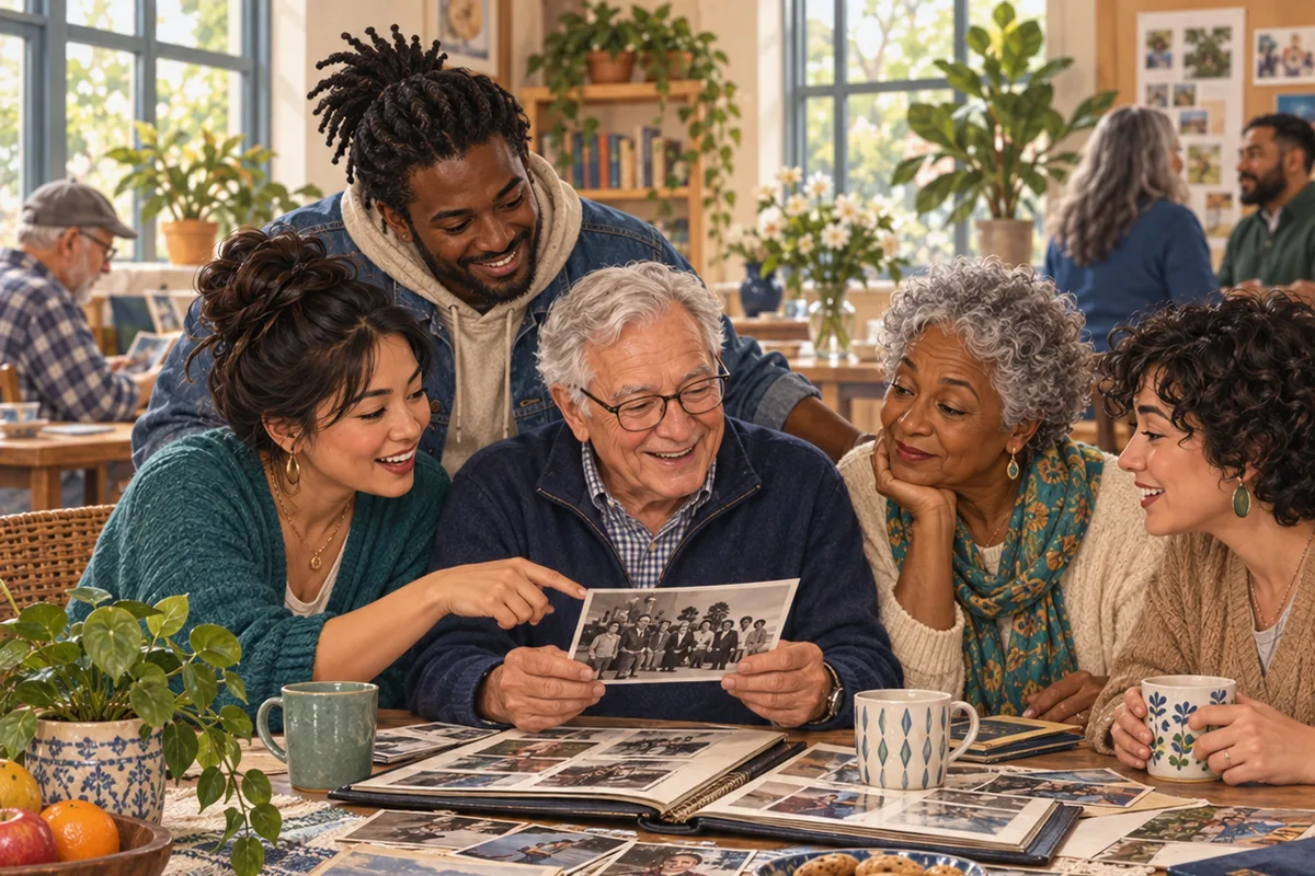 Illustration of adults of different ages smiling and looking through photographs together.