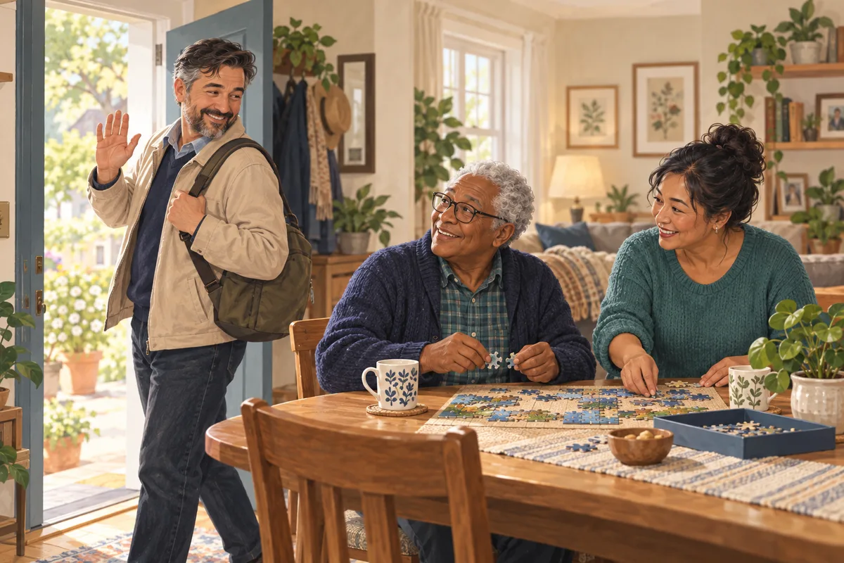 An illustrated caregiver heads out for a break as his older partner and a trusted friend begin a puzzle together.