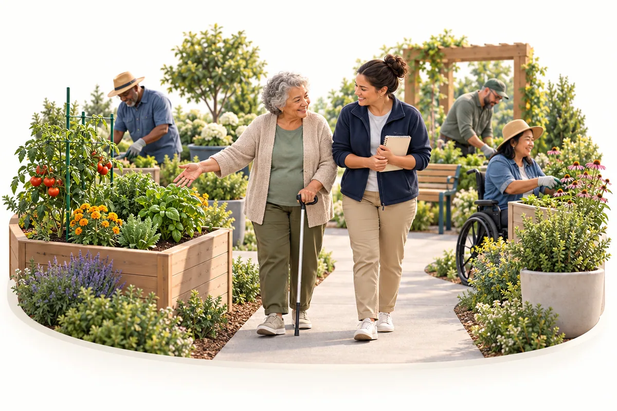 A woman using a cane gestures toward a raised garden bed beside a woman holding a notebook, with other gardeners nearby.