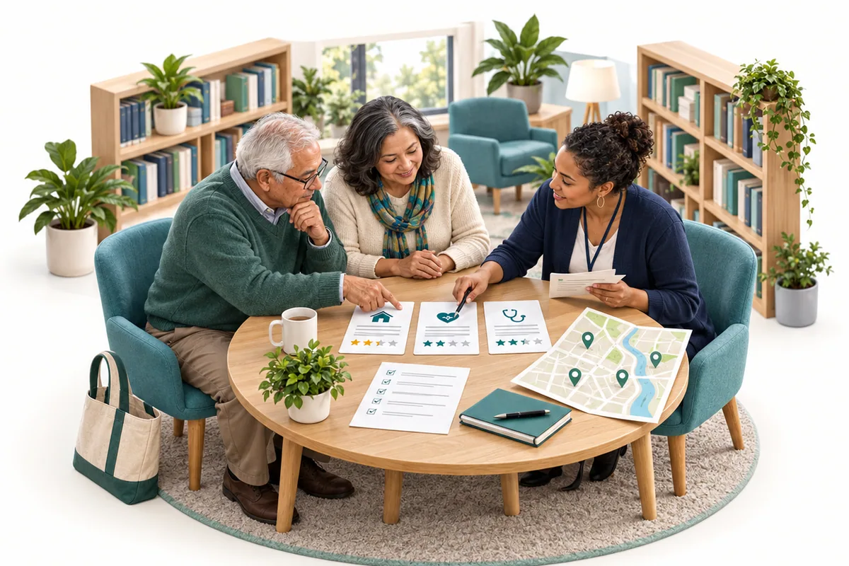 Three adults compare cards with health-related symbols and star ratings beside a checklist and a map on a library table.