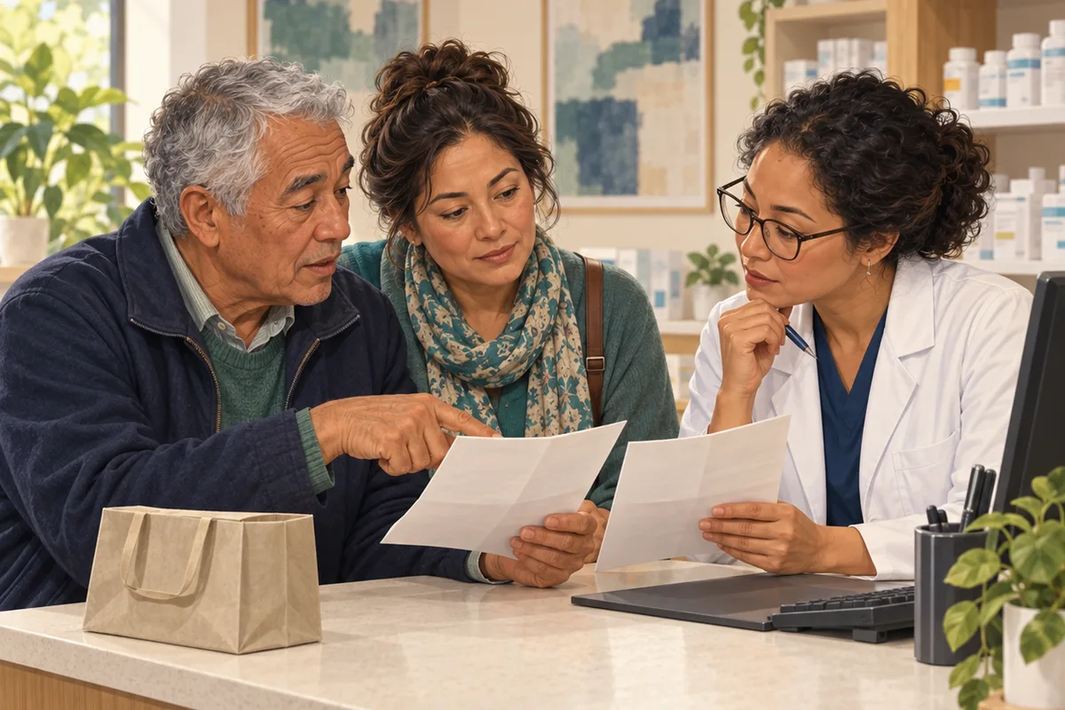 An adult points to one of two folded papers while a supporter and pharmacist look at the documents together.