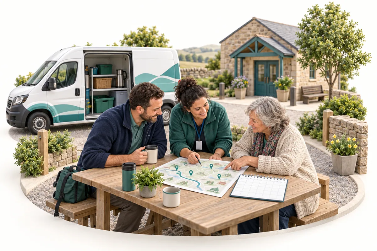 Three people review a route map and calendar at an outdoor table beside a mobile-service van and rural hall.