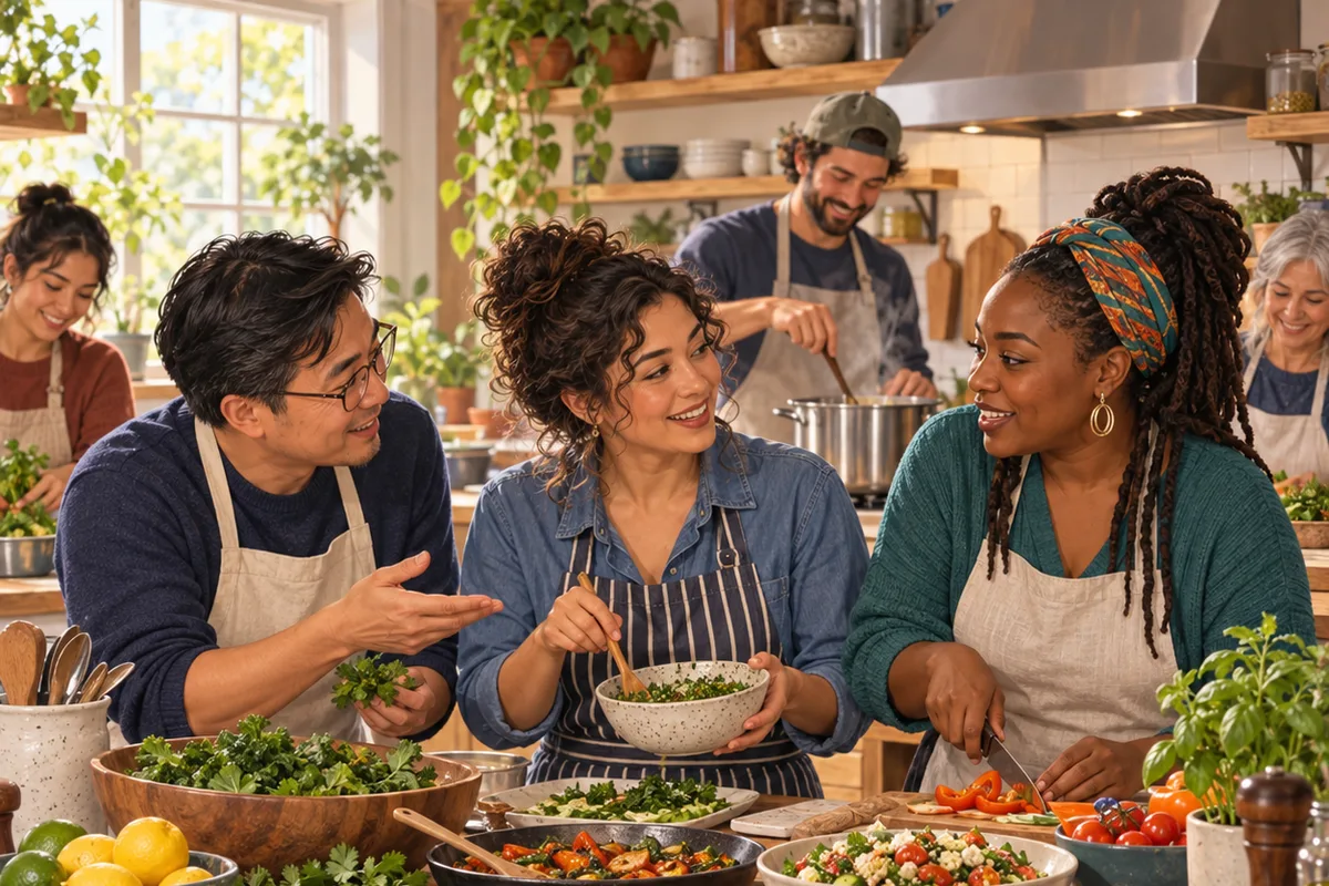 Illustration of adults preparing food and talking together at a community kitchen table.