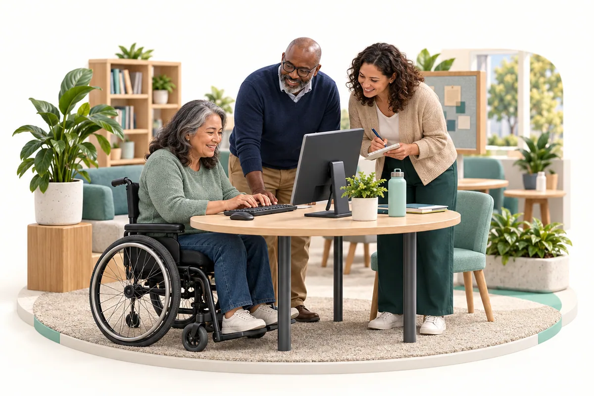 A wheelchair user sits at a desktop keyboard while two adults look at the screen beside her.