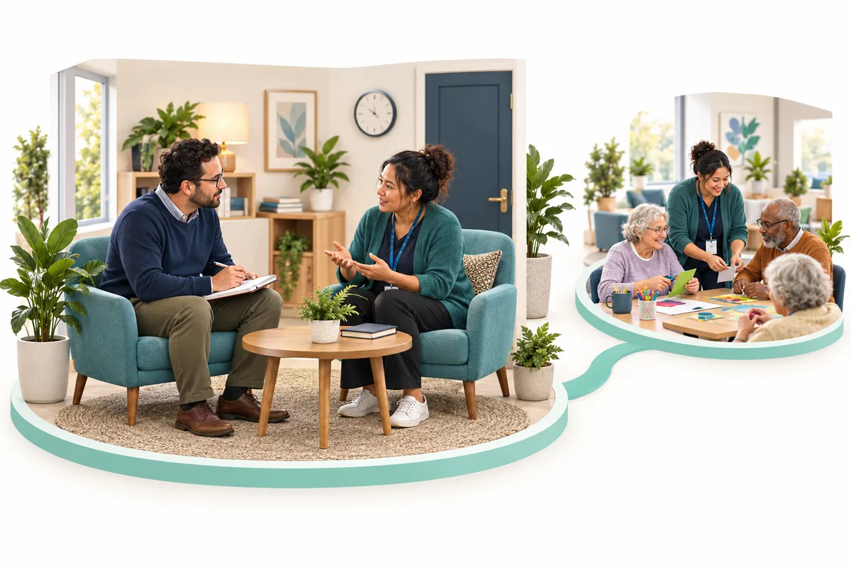 Two colleagues sit facing each other in armchairs, one with an open notebook. A smaller connected scene shows a colleague joining older adults at an activity table.
