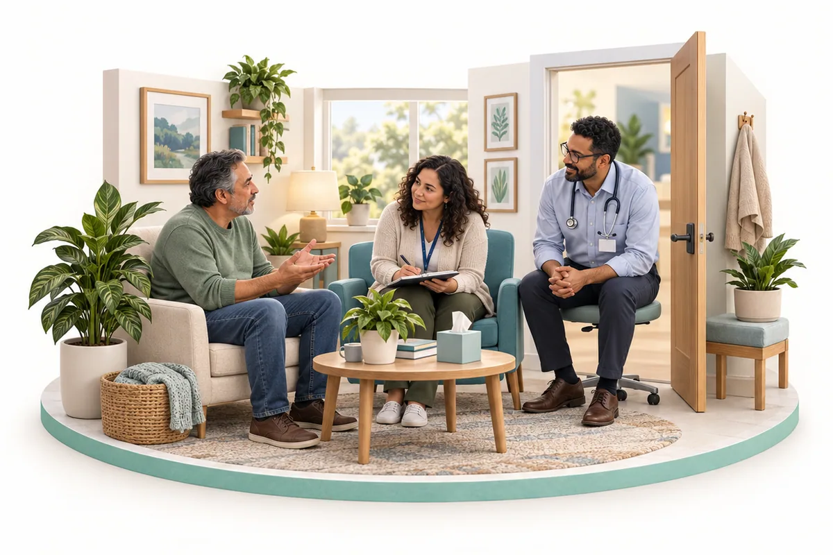 Three adults sit together in a consultation room; one holds their hands open while another holds a notebook.