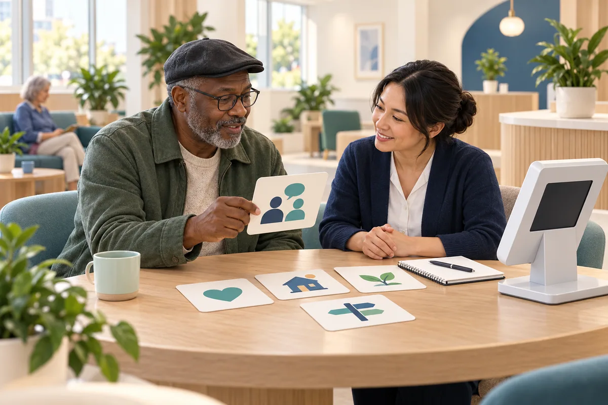 A participant holds a conversation picture card while a colleague explains a nearby resource kiosk.