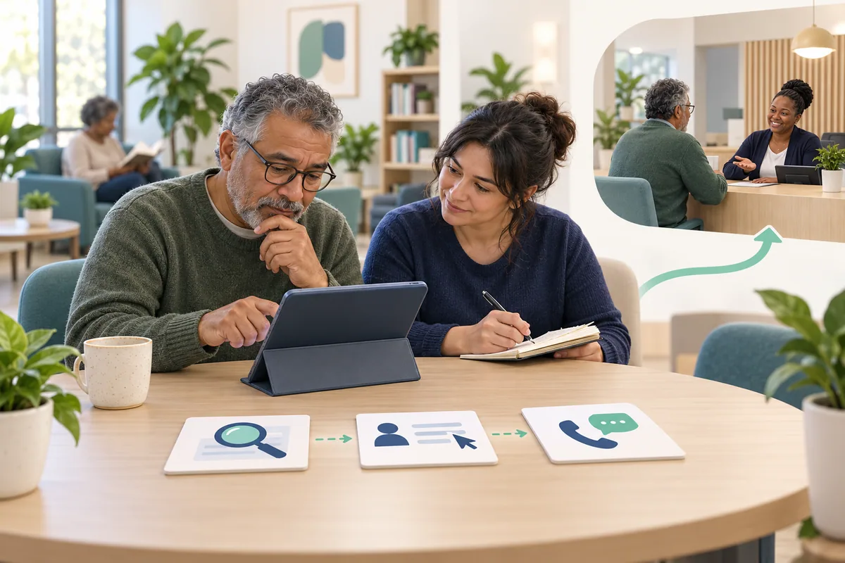 A participant tries a resource tablet while an observer takes notes beside three journey cards; a smaller scene shows a conversation at the destination desk.