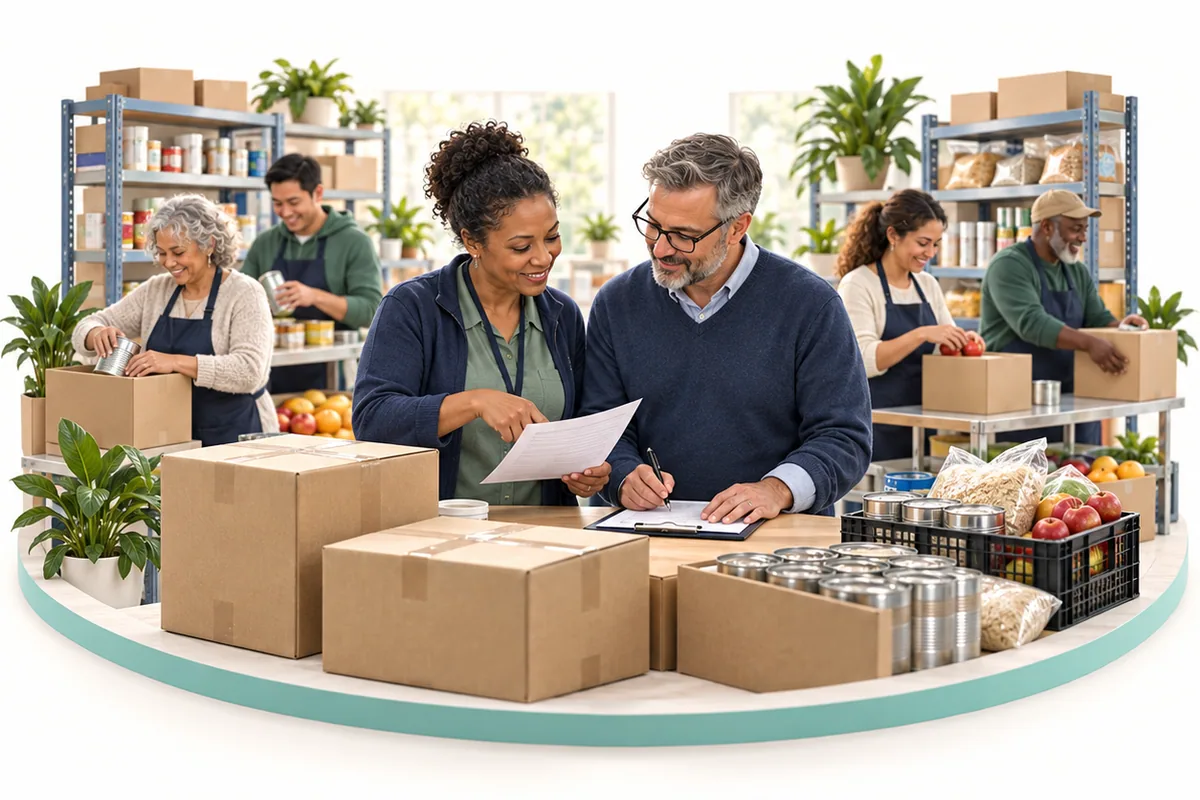Two adults look at paperwork beside boxes and food supplies, with other people at worktables behind them.