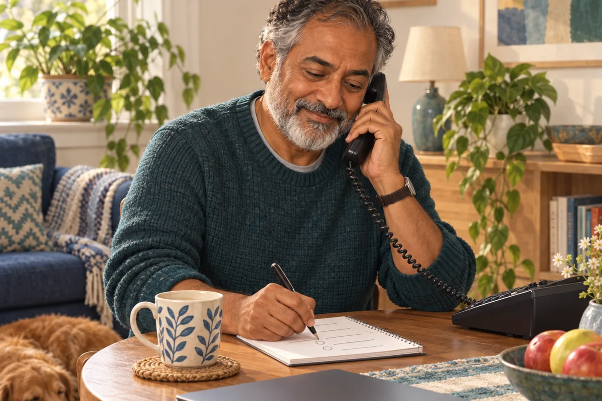 An adult speaks on a corded telephone at home.