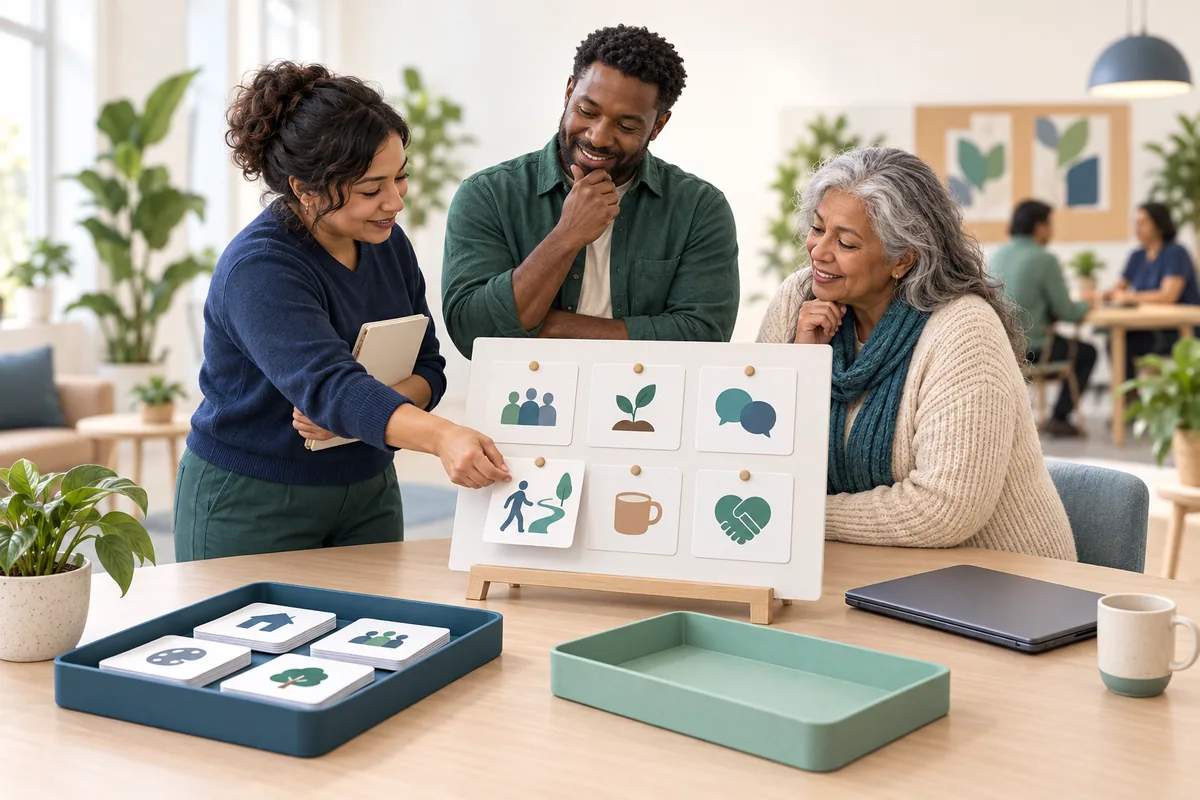 A participant and two staff colleagues arrange picture cards showing people, activities, and conversation before opening a laptop.