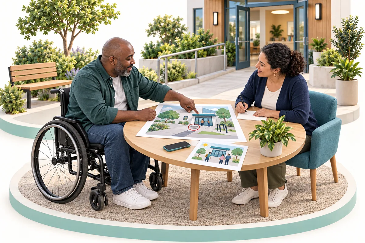 A wheelchair-using participant points to an arrival route on a picture map while a community coordinator listens and takes notes.
