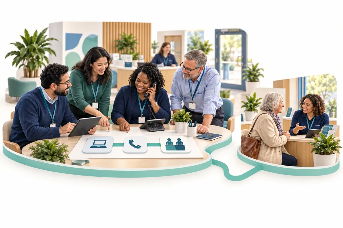 Four colleagues compare a tablet, phone, and illustrated service routes, with one using the phone. A smaller connected scene shows a visitor speaking to a colleague at a counter.
