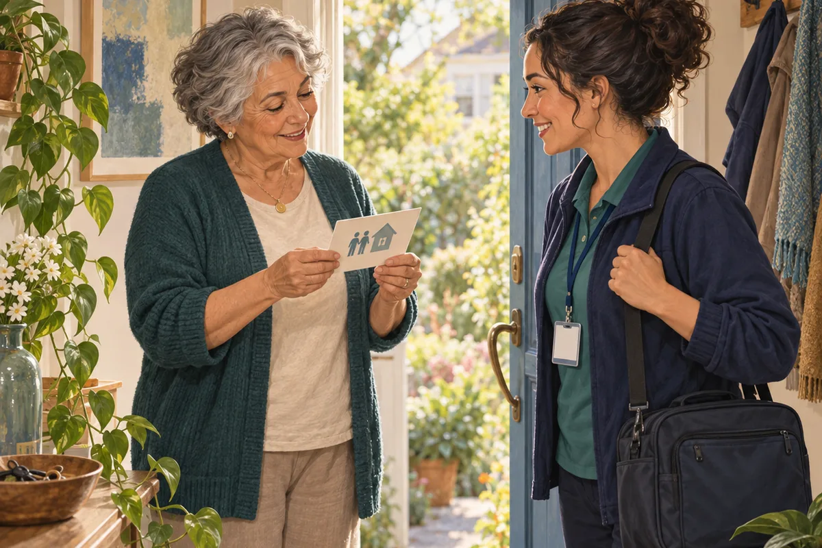 At an open front door, an older adult holding a small card greets a care worker with a shoulder bag.