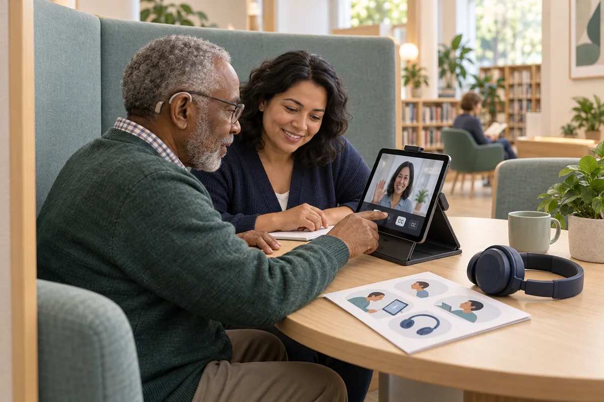 An older man with a hearing aid and a support colleague try the caption controls during a tablet video call in a quiet library booth.