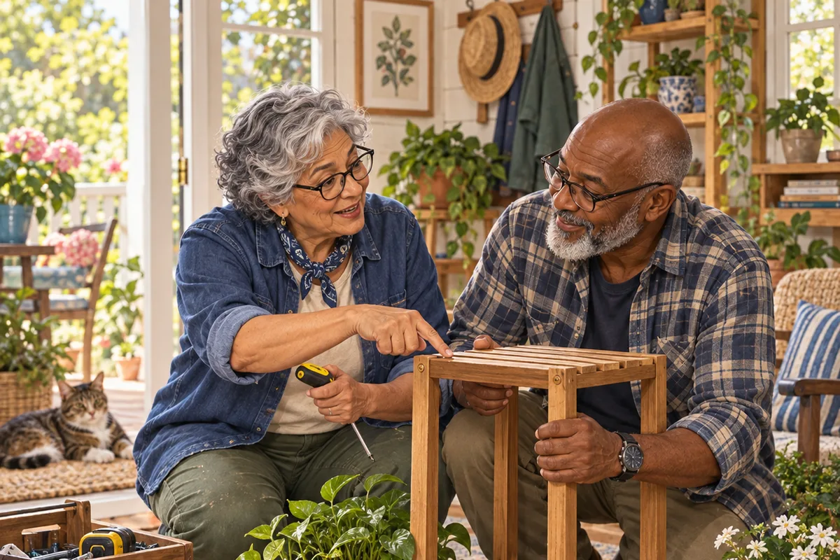 Illustration of two older adults repairing a small wooden plant stand together.