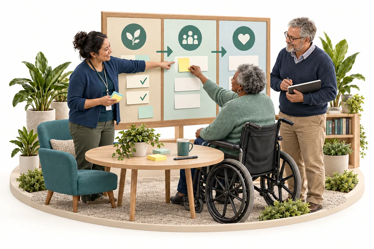A wheelchair user points toward cards on a three-column board, with two adults standing nearby.