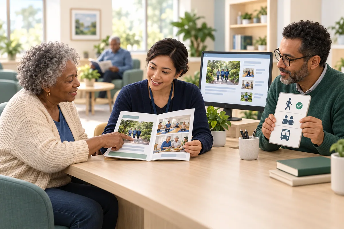 A participant and two staff colleagues compare a public activity brochure with information on a screen and a separate permissions card.