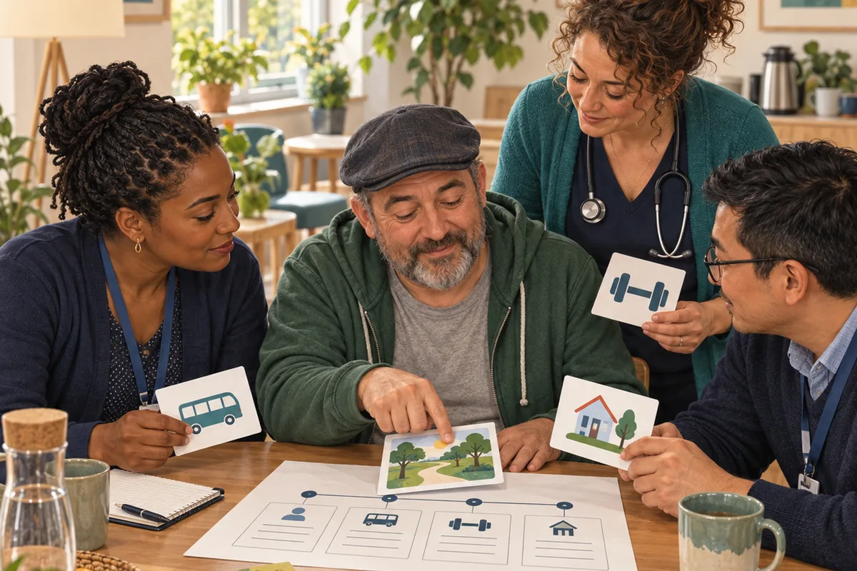 An adult points to a shared paper plan while three care staff hold picture cards for transport, home support and exercise.