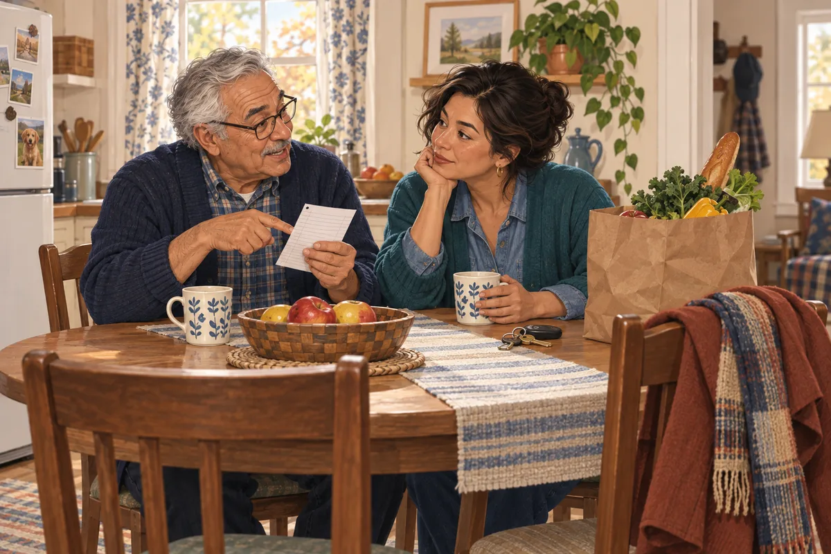An illustrated older father points to his list while his adult daughter listens at a kitchen table beside groceries.