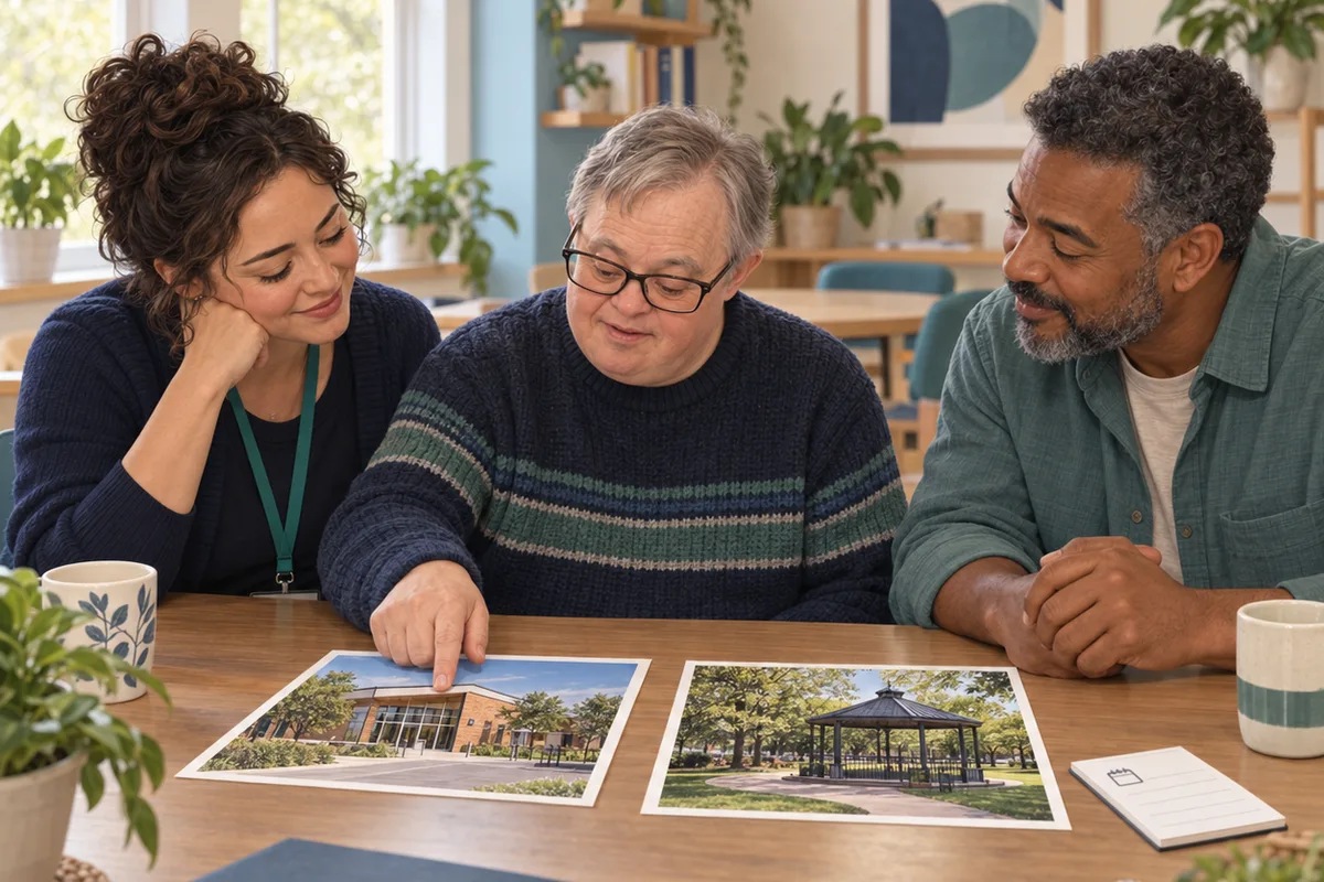 An older adult comparing photographs of two community venues with a coordinator and chosen supporter.