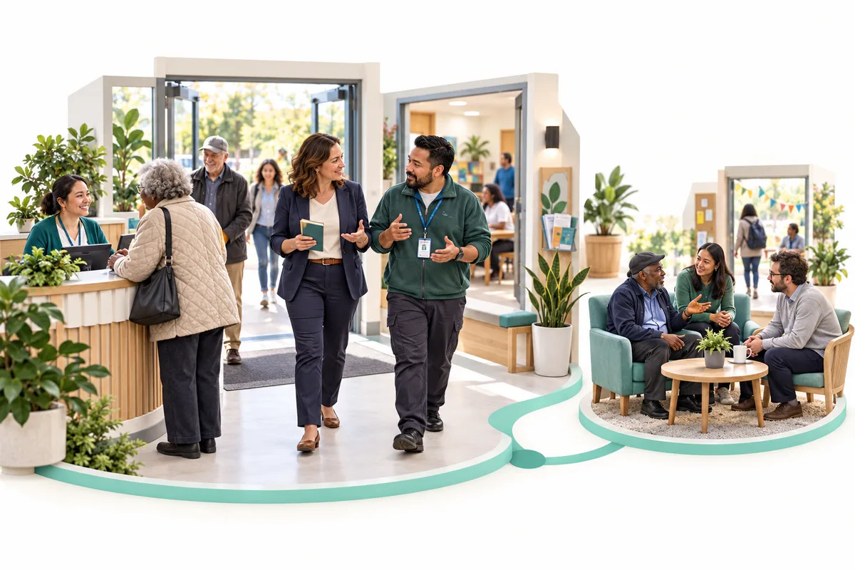 Two colleagues walk and talk through a service reception area. A smaller connected scene shows three people discussing something around a low table.