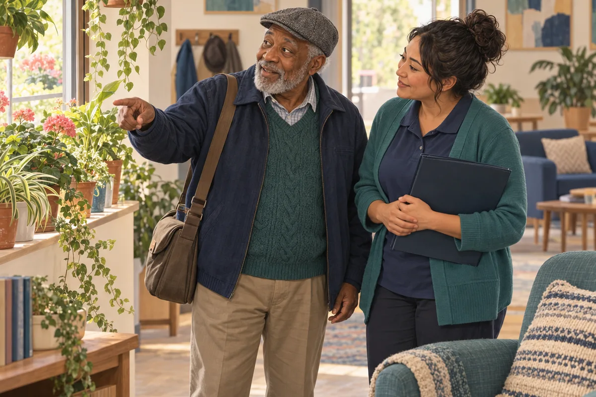An adult gestures toward plants by a day-program window while a care worker listens; an armchair stands nearby.