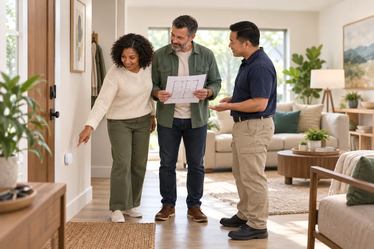 Two adults and an installer consider a small sensor beside a home entrance, using a simple floor plan.