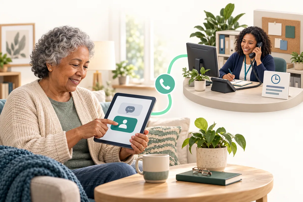A participant selects a person-contact option on a tablet at home; a smaller scene shows a staff member answering a telephone.