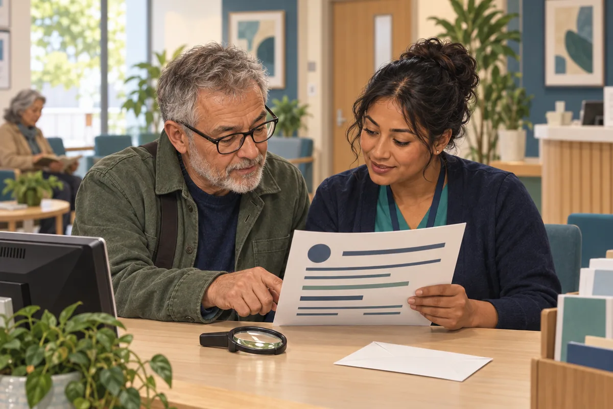 An adult points at a large-format information sheet while a clinic staff member holds it at the service desk.