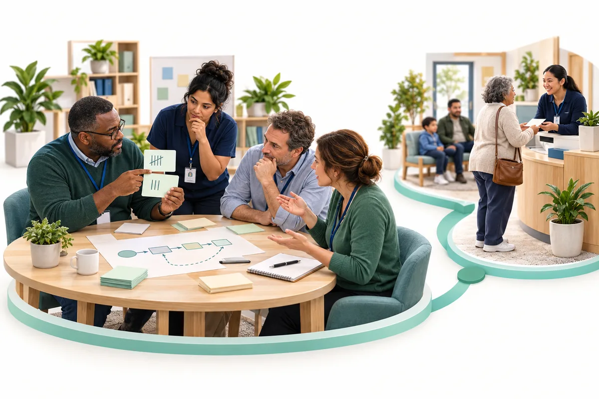 Four colleagues examine small chart cards and a process sketch around a table. A smaller connected scene shows a visitor at a reception counter.