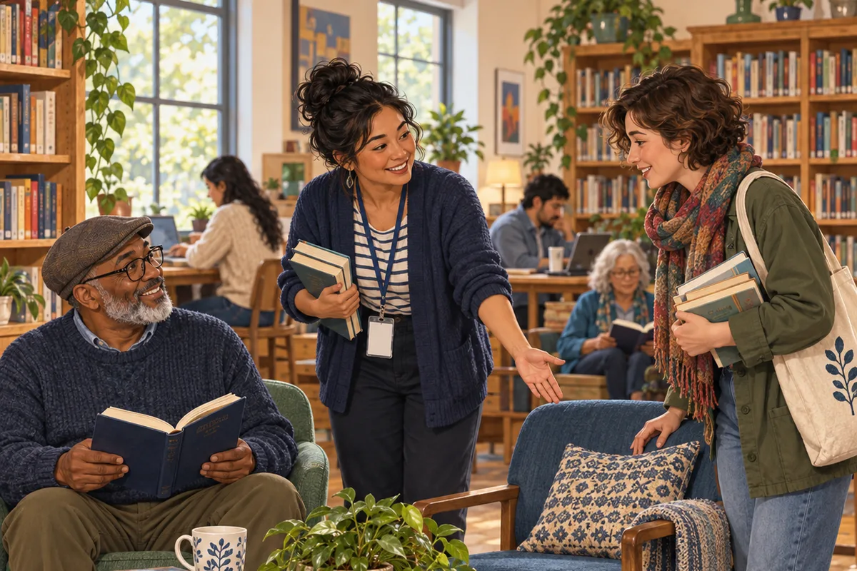 Illustration of a library host welcoming a visitor to a chair beside another reader.
