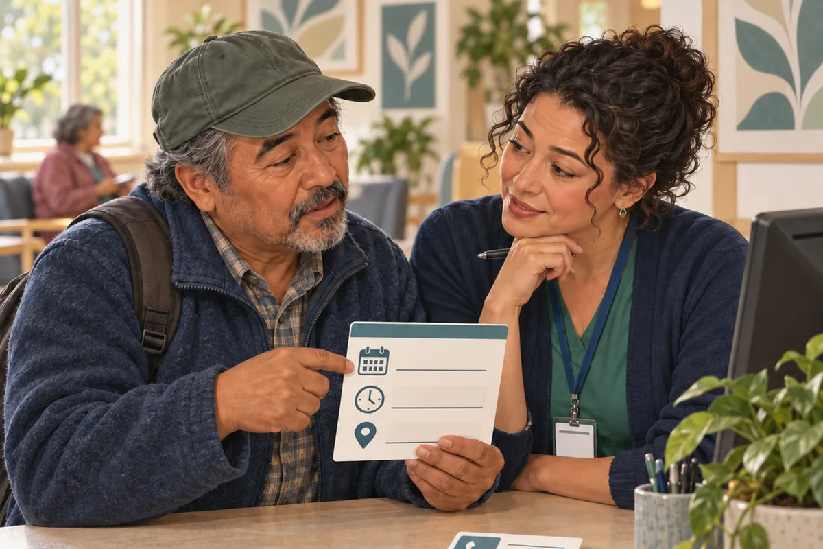 An adult points to the calendar symbol on an appointment card while a staff member listens beside them.