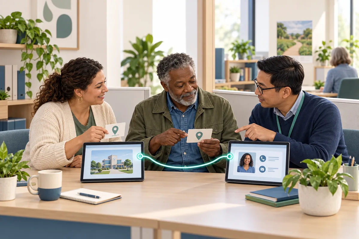 A participant and two service colleagues compare destination cards beside connected screens showing a building and a contact person.