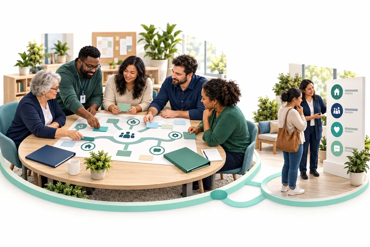 Five colleagues review a service map with connected symbols around a table. A smaller connected scene shows two people beside a sign displaying service options.