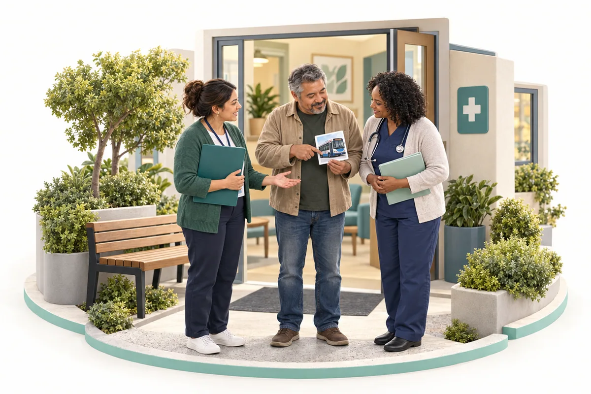 A man points to a photograph of a bus between two adults holding folders outside a community clinic.