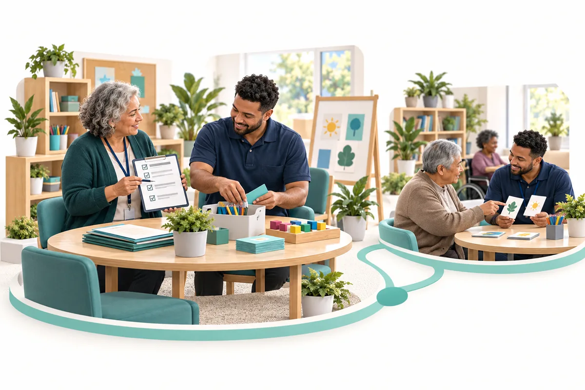 Two colleagues practice with activity cards and a tray while one holds a checklist. A smaller connected scene shows a colleague using the cards with an older adult.
